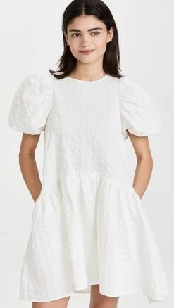 English Factory Back Tie Jacquard Puff Dress