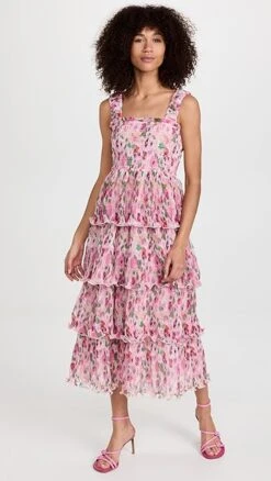 GANNI Pleated Georgette Flounce Smock Midi Dress