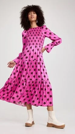 KITRI Petra Pink Retro Floral Shirred Dress