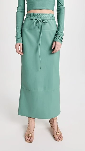 LAPOINTE Stretch Faux Leather Flared Drawstring Midi Skirt 8 LAPOINTE Stretch Faux Leather Flared Drawstring Midi Skirt - Image 6