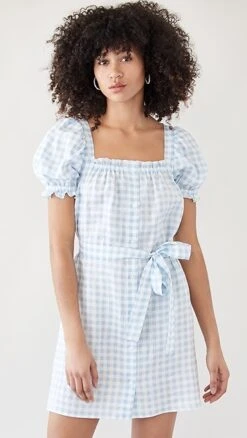Sleeper Brigitte Linen Mini Dress In Blue Vichy